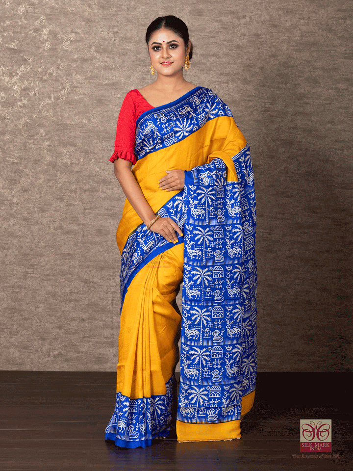 Yellow Par Anchal Block Printed Murshidabad Silk Saree - WeaversIndia