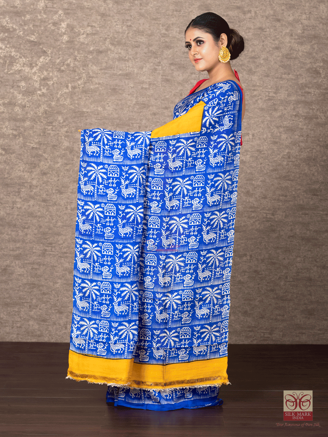 Yellow Par Anchal Block Printed Murshidabad Silk Saree - WeaversIndia