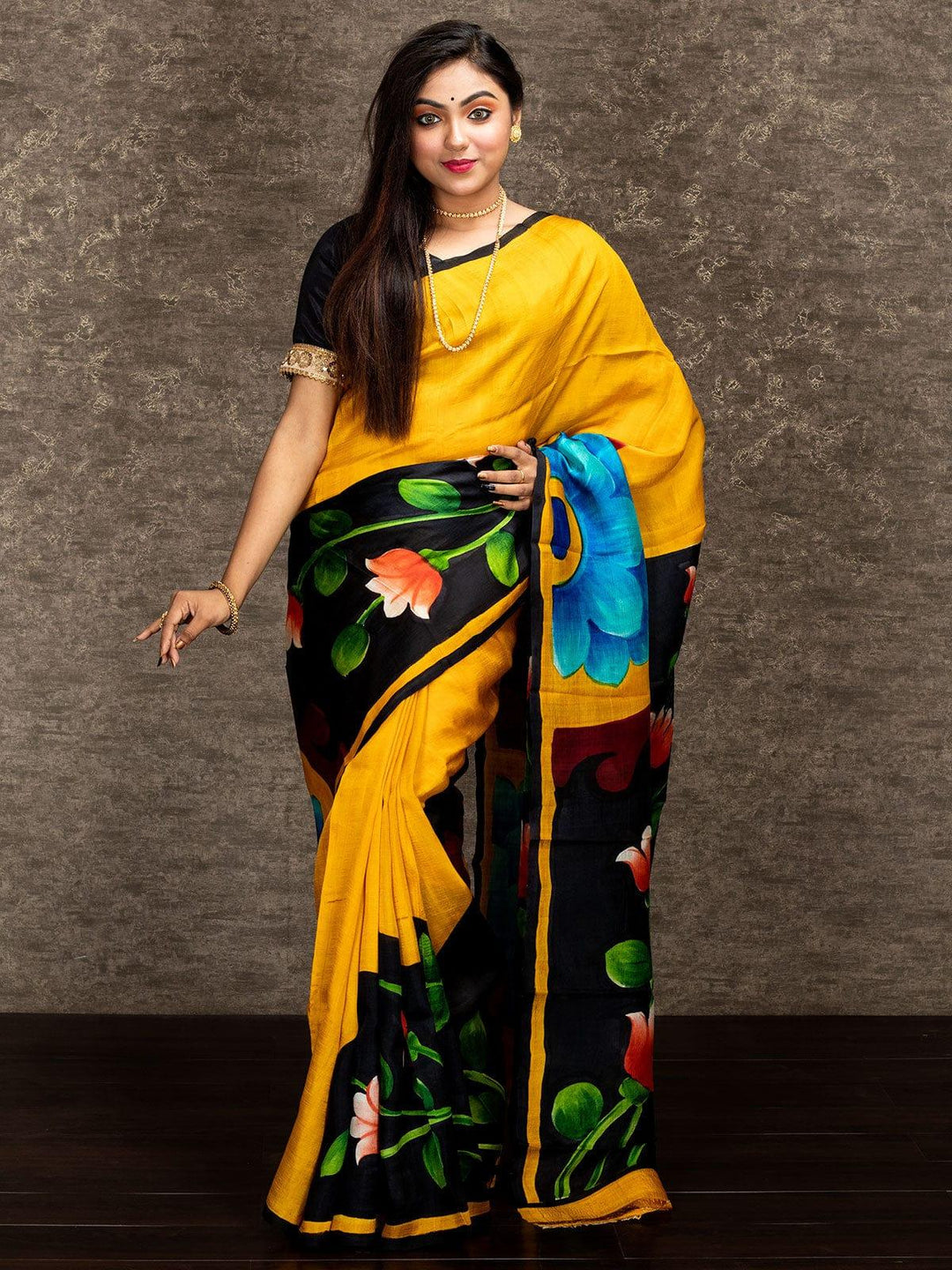 Yellow Par Anchal Hand Painted Murshidabad Silk Saree - WeaversIndia