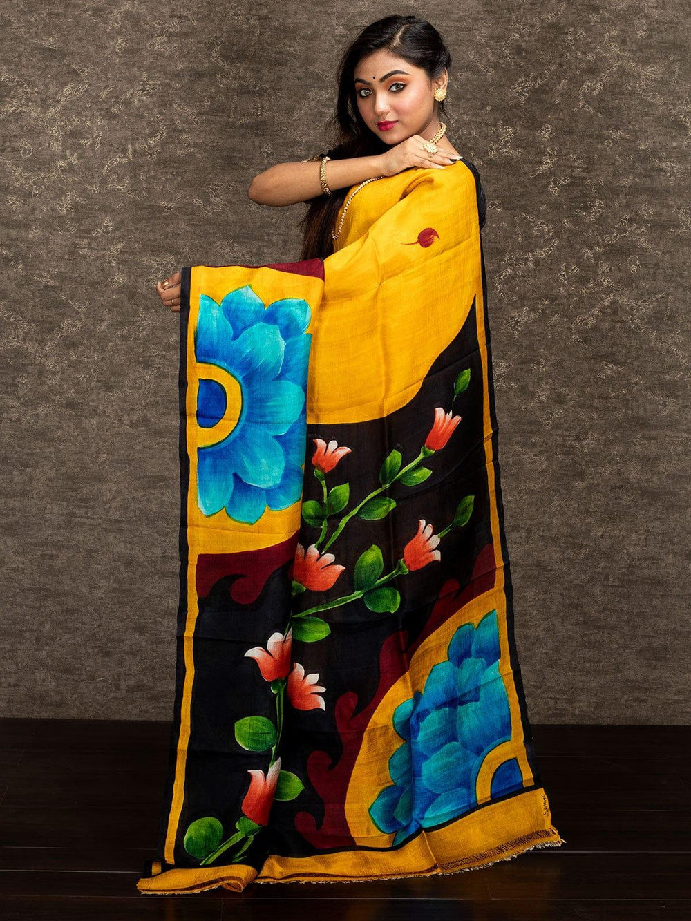 Yellow Par Anchal Hand Painted Murshidabad Silk Saree - WeaversIndia