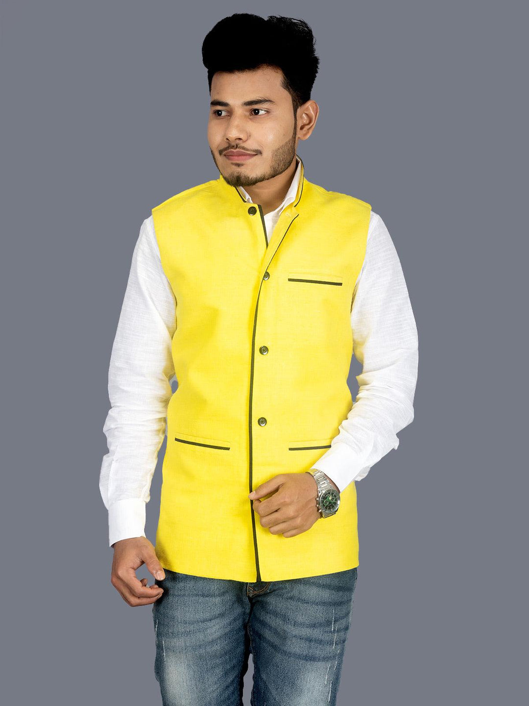 Yellow Solid Matka Silk Modi Jacket - WeaversIndia