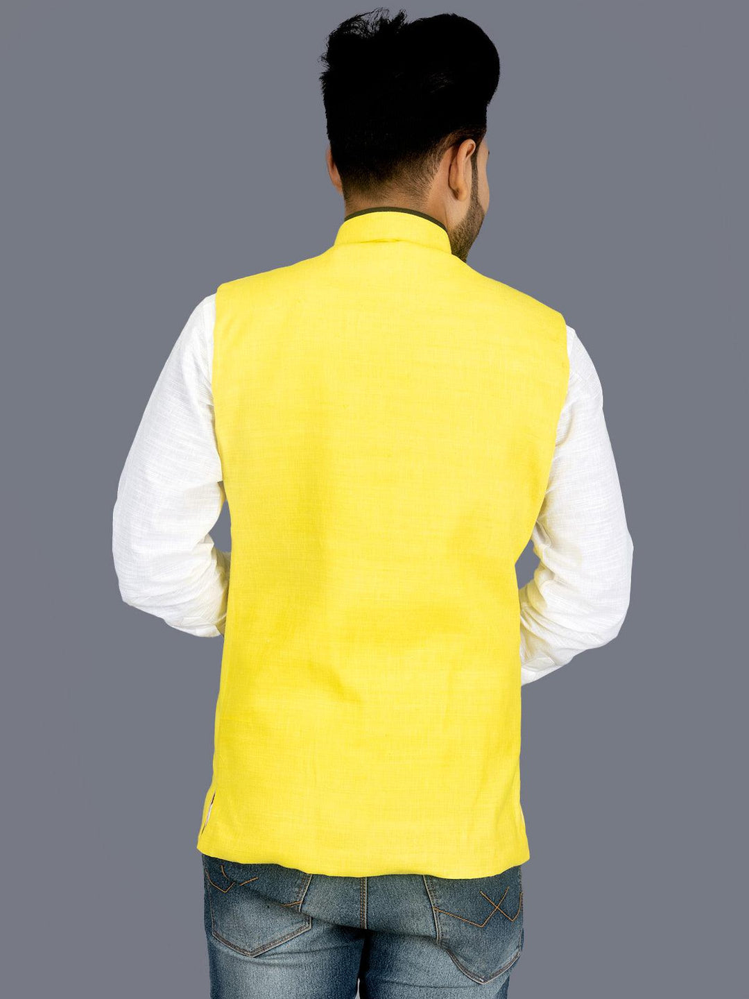 Yellow Solid Matka Silk Modi Jacket - WeaversIndia