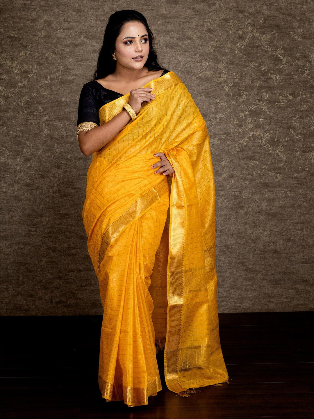 Yellow Woven Jari Checks Bhagal Puri Silk Saree - WeaversIndia