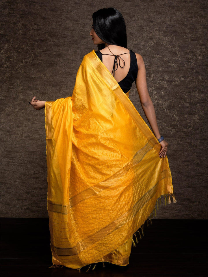 Yellow Woven Jari Checks Bhagalpuri Silk Saree - WeaversIndia