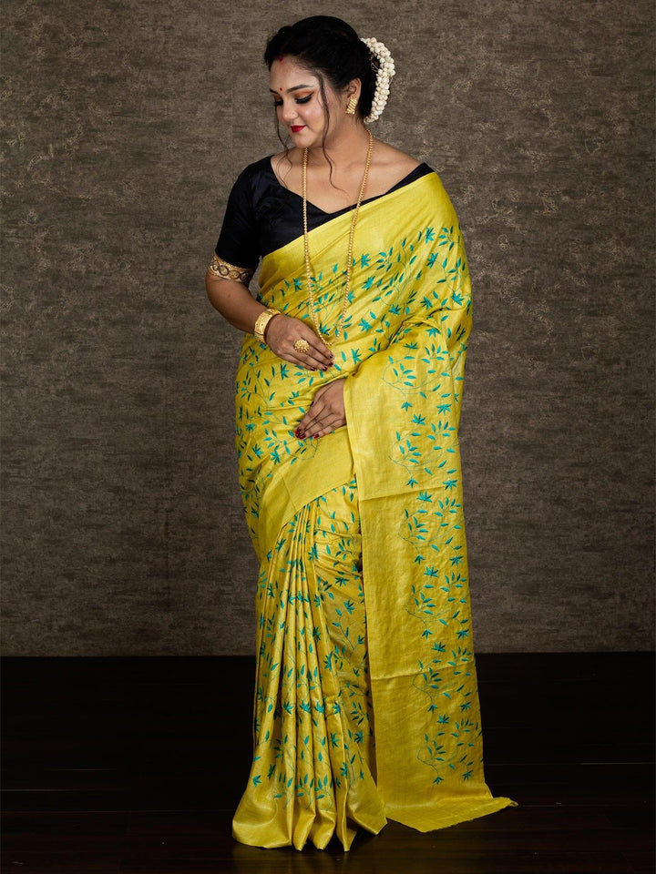 Yelow Allover Embroidered Tussar Silk Saree - WeaversIndia
