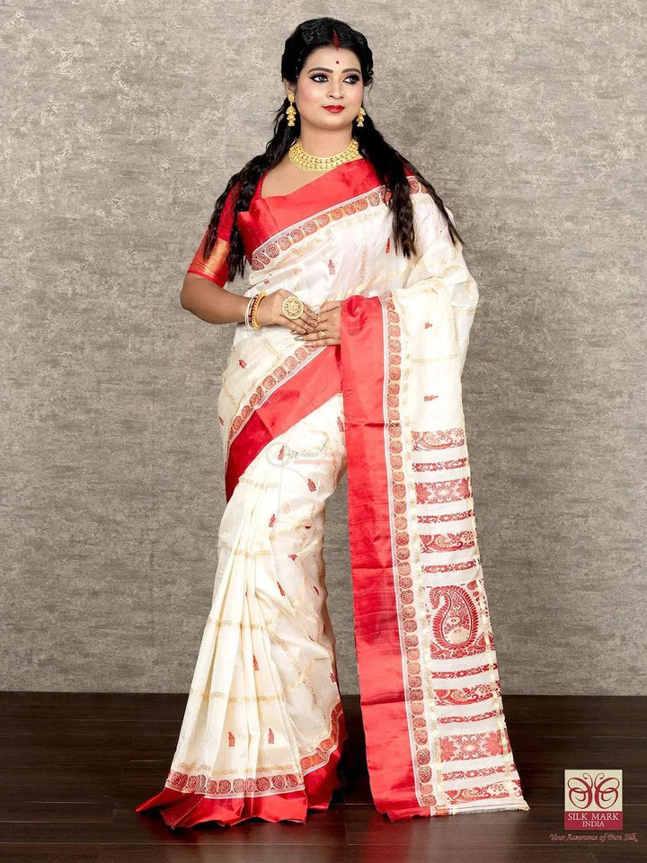 Zari Chain Red Border Traditional Garad Silk Saree - WeaversIndia